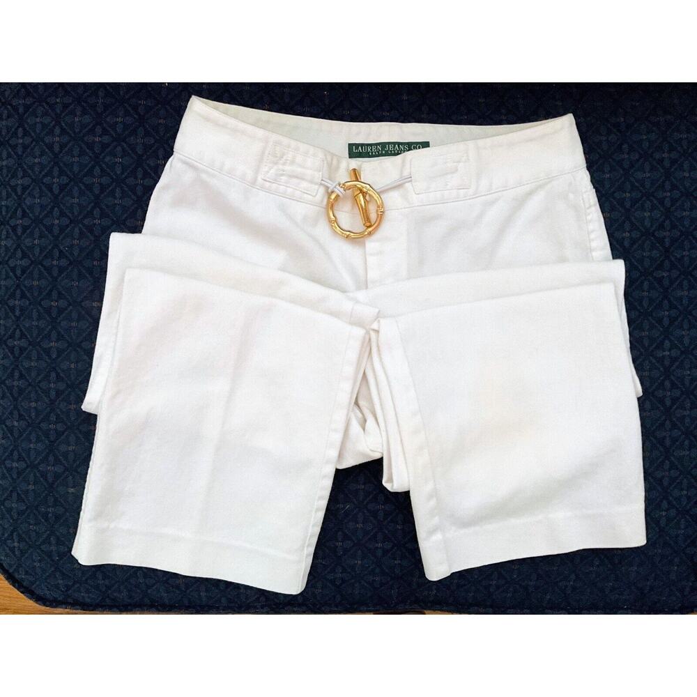 Ralph Lauren Women Jean Pants White Gold Belt Trousers SZ 4 Y2K Wide Leg Stretch